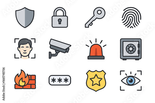 Security icons set: lock shield key fingerprint surveillance alarm safe