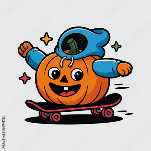 Pumpkin wearing a hoodie skateboarding happily, perfect for halloween designs, autumn graphics, and fun holidaythemed projects.