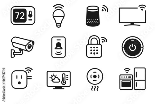 Smart home icons: thermostat, speaker, camera, appliances, security devices