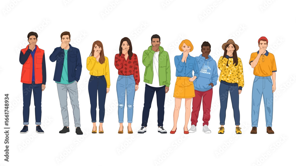 Fototapeta premium Diverse Group Expressing Thoughts: A vibrant depiction of a diverse group of individuals, each deep in thought.