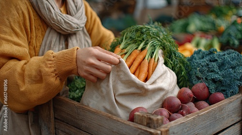 Woman Gently Places Produce into Linen Bag