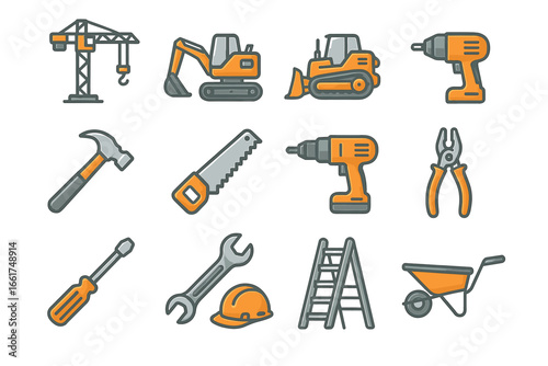 Construction tools set: crane, excavator, bulldozer, drill, hammer, saw, pliers, screwdriver, wrench, helmet, ladder, wheelbarrow