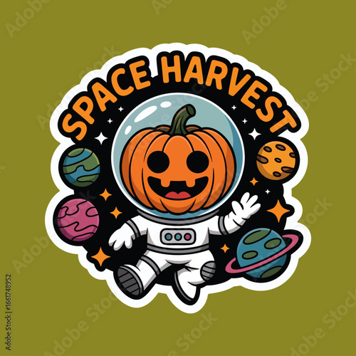 Pumpkin astronaut surrounded by planets on a space harvest background, ideal for spacethemed illustrations, halloween promotions, and fall designs.