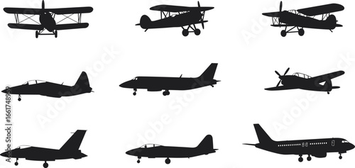 Airplane silhouette vector, jet aircraft illustration, vintage biplane icon, military fighter jet graphic, passenger airplane design, aviation transport, retro propeller plane
