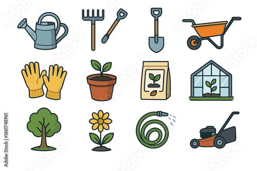 Garden tools and symbols: watering can, shovel, greenhouse, tree, and flower icons