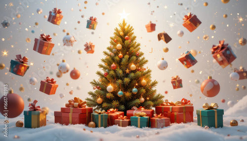 Beautifully decorated Christmas tree stands amidst snowy landscape, surrounded by colorful gift boxes and ornaments. scene is festive and joyful, capturing essence of holiday celebrations