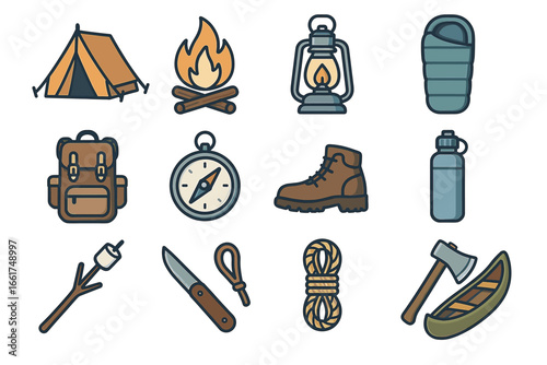 Camping gear icons: tent lantern sleeping bag backpack compass boots axe canoe