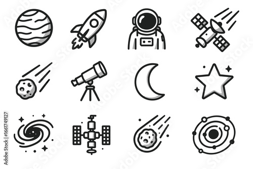 Space icons: telescope, astronaut, planet, satellite, rocket, moon, star, galaxy