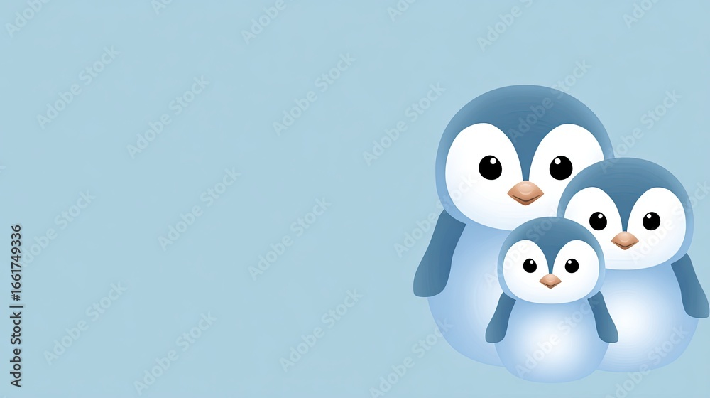 Fototapeta premium Cute Family of Penguins in Pastel Blue Background