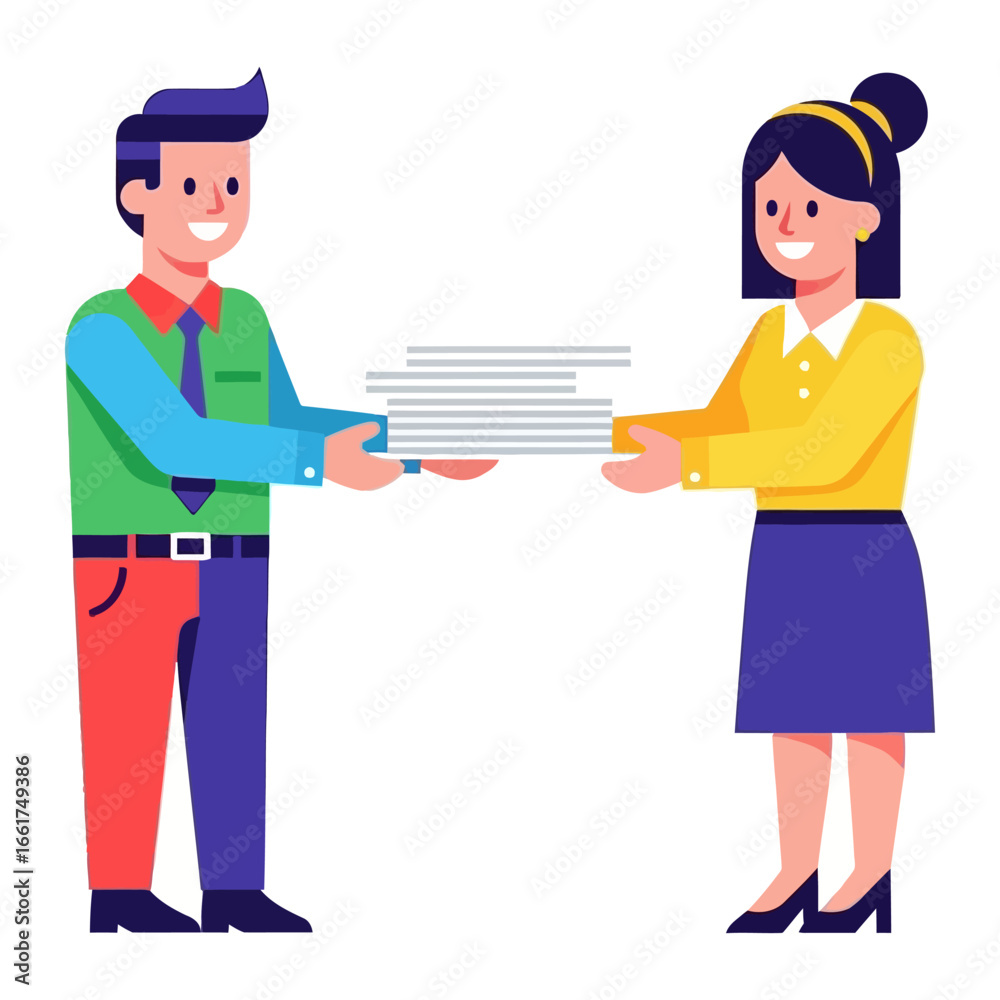Obraz premium Document Exchange: A professional gesture of passing documents between two people in a friendly working relationship