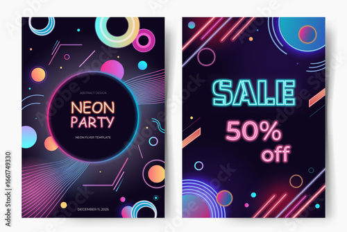 Set of neon posters with glowing geometric background. Party invitation, sale banner. Abstract design, modern luminous style.