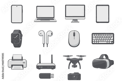 Collection of modern electronic devices: phone, laptop, tablet, and more