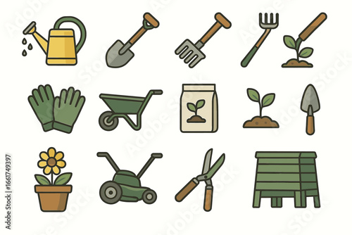 Garden tools and planting icon set featuring watering can, shovel, and seedlings