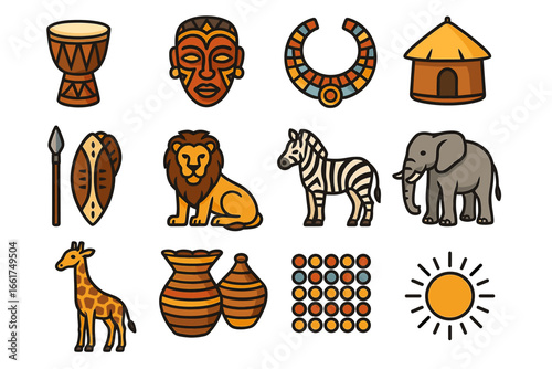 African culture icons: traditional symbols and animals illustrated in vibrant colors