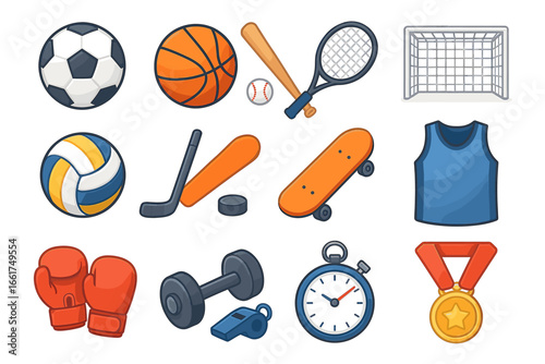 Sports equipment icons set: soccer, basketball, tennis, volleyball, skateboard, more