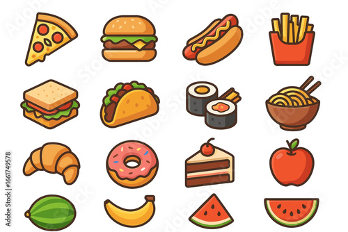 Colorful cartoon food icons: pizza, burger, sushi, and more
