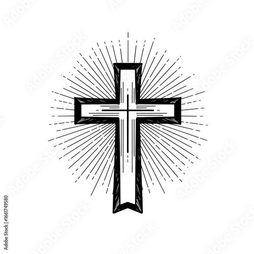 A stylized cross illustration is surrounded by radial rays on a clean white background, suitable for religious themes and graphic designs.