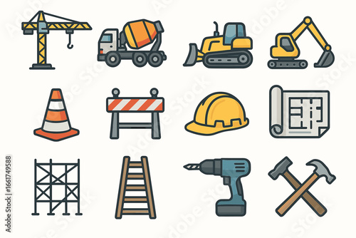 Colorful construction icons including machinery, safety gear, and tools