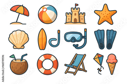 Summer beach icons: umbrella, snorkel, sandcastle, shell, ice cream, kite