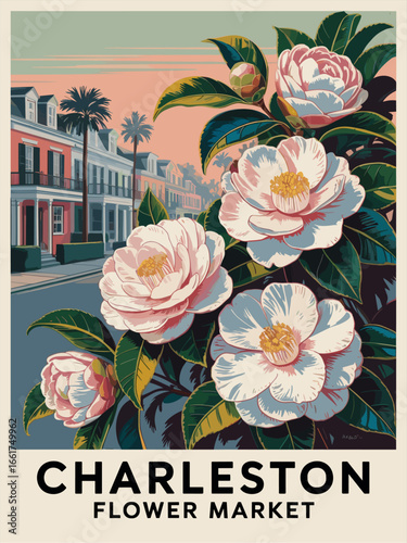 Flat vector oil-painting style poster of white camellia blossoms with green leaves, pastel Charleston houses, and palm trees. Bold floral art with "Charleston Flower Market" text