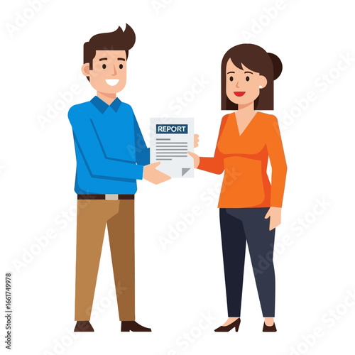 Handing over the report: A cartoon representation of two individuals in a professional setting. A man is handing over a report to a woman, highlighting the aspects of document exchange.