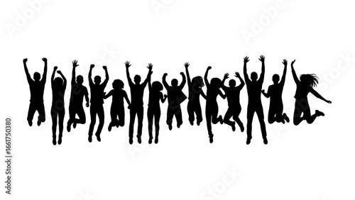Silhouette of Celebration: Capturing the essence of pure, unbridled joy, a silhouette of a group of people leaps with elation, arms triumphantly raised.