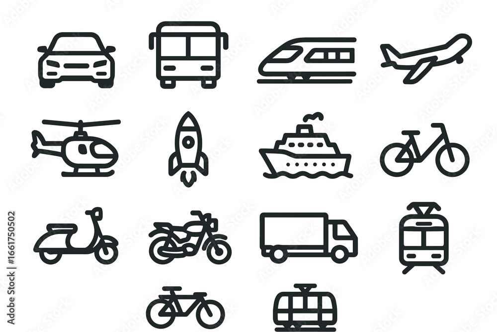 Obraz premium Icons of diverse transportation modes: car, bus, train, airplane, helicopter, rocket, ship, bike, scooter, motorcycle, truck, tram