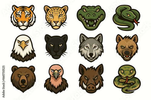 Collection of stylized animal heads: tiger, leopard, crocodile, snake, eagle, panther, wolf, hyena, bear, vulture, boar