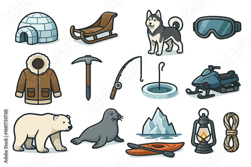 Winter adventure icons: sled, husky, polar bear, igloo, snowmobile, ice fishing