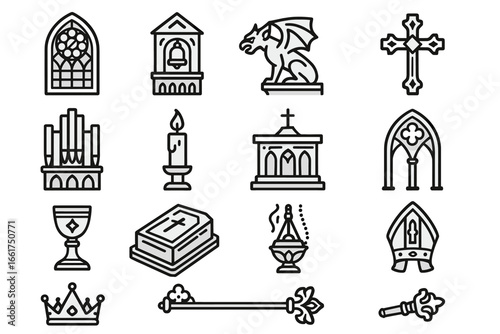 Medieval church symbols: stained glass, gargoyle, cross, bishop hat, and more