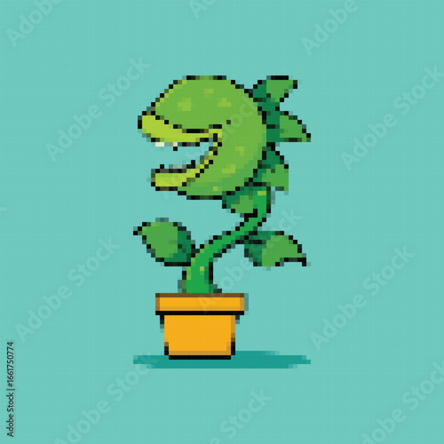 Cute cartoon illustration of Venus flytrap carnivorous plant in pixel art style