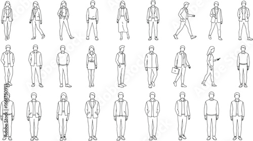 Business people line art illustration, professional men and women in modern clothing, walking, standing, office workers, outline drawing, vector design