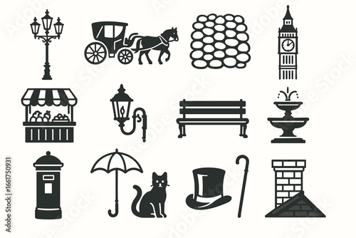 Set of iconic london silhouettes including big ben and horse carriage
