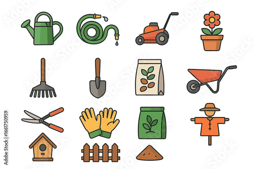 Collection of colorful gardening tools and accessories on white background