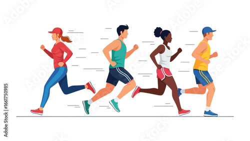 Energetic Marathoners: Four figures, each a distinct portrayal of vigor and motion, streak forward with powerful strides. A vibrant and graphic illustration.