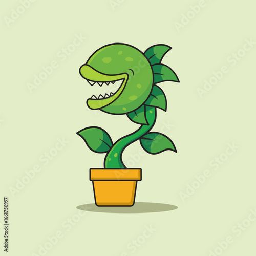 Cute cartoon illustration of Venus flytrap carnivorous plant on yellow background