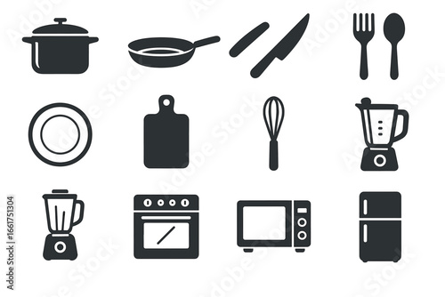 Kitchen icons set: cookware, utensils, appliances