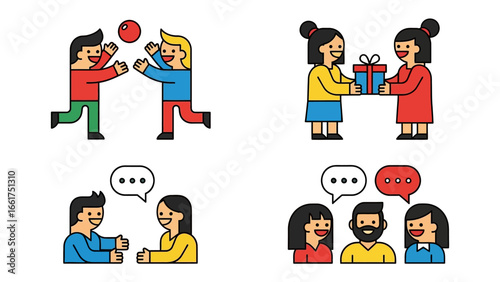 Daily interactions: Four panel illustration showcases simple interaction in a cheerful tone, designed in a flat vector style. The set highlights communication, gift-giving, and play.