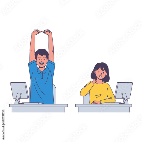 Office Stretching Break: Colleagues at their desks in a simple illustration take a short break to stretch, promoting well-being and preventing sedentary fatigue. 