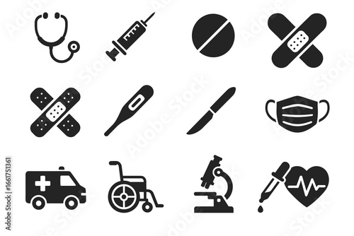 Medical icon set: stethoscope, syringe, pill, bandage, thermometer, mask, ambulance, wheelchair, microscope, scalpel