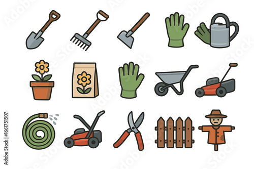 Colorful garden tool icons set featuring shovel, gloves, wheelbarrow, lawn mower, and watering can