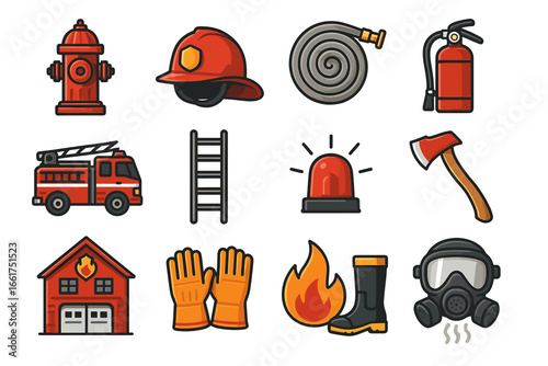 Firefighter equipment icons: hydrant, helmet, hose, extinguisher, truck, ladder, alarm, axe, station, gloves, flame, boots, mask