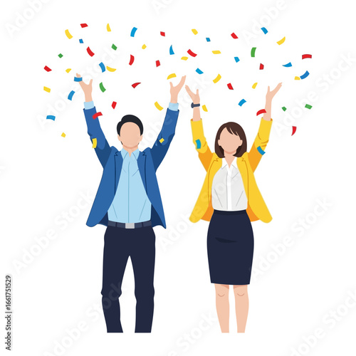 Celebration of Victory: Two business partners rejoice in the achievement, surrounded by festive confetti. A symbol of teamwork and success, designed for digital and print applications.