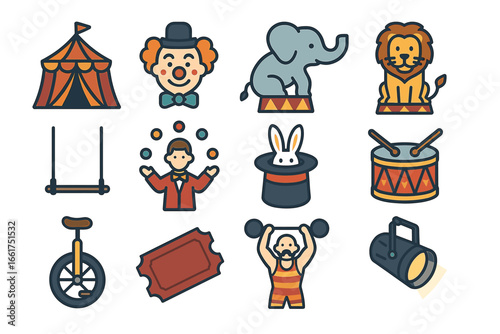 Circus icons: tent, clown, elephant, lion, acrobat, tickets, and performers