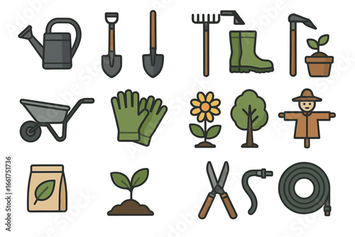 Gardening tools and icons: watering can, shovel, boots, plants, and more
