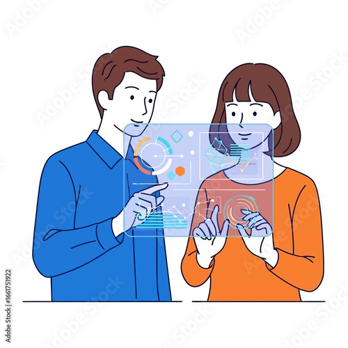 Digital Duo:  A pair of modern individuals are fully engaged, and interacting on an innovative transparent display, exploring a future-forward technological concept.