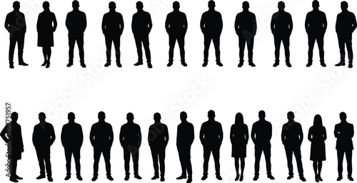 Business people silhouettes, corporate team illustration, professional standing group, office worker vector, teamwork design, employee shadow outline, leadership concept, workplace diversity