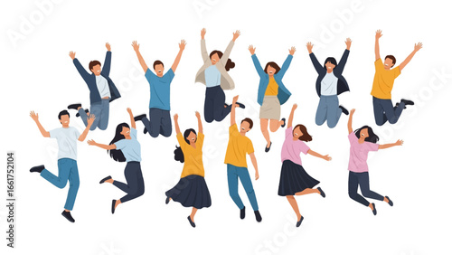 Joyful Leap: A vibrant illustration showcasing a dynamic group of people joyfully leaping in celebration of success and unity. Capturing the essence of collective triumph and pure elation.