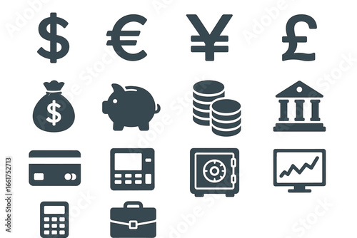 Financial symbols and icons: currency, banking, and investment