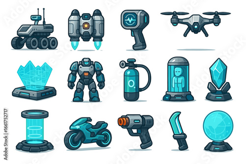 Futuristic technology icons featuring robots, drones, and sci-fi gadgets